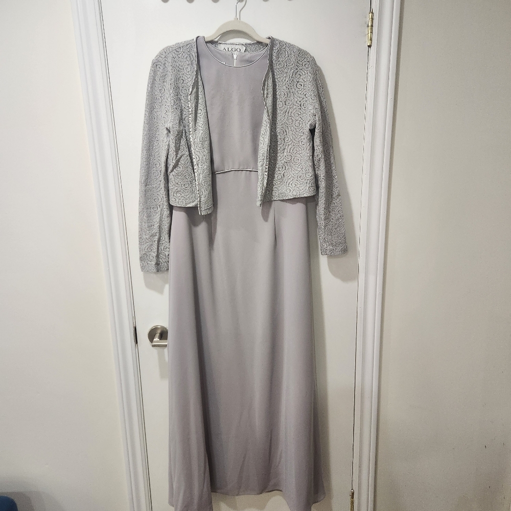 Algo Grey Formal Full Length Dress with Lace Jacket